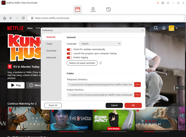 output folder on preferences setting window on audfree netflix video downloader