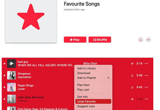 undo all favorite songs on apple music desktop