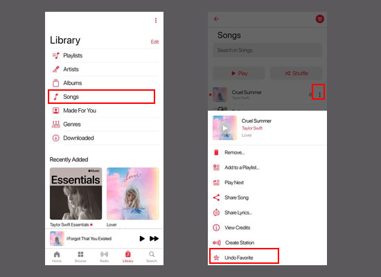 undo apple music favorite songs on mobile