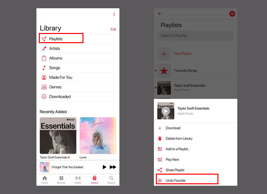 remove favorite playlists on apple music mobile