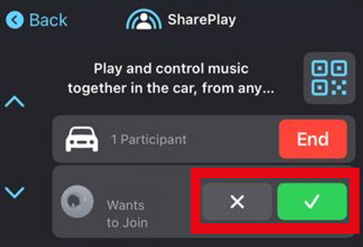 tap the green tick to approve shareplay join request on car