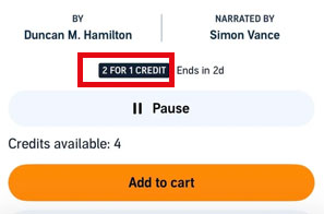 audible 2 for 1 credit tag on ios app