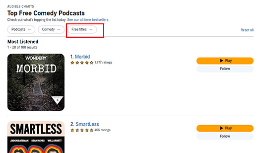 filter audible top comedy podcast by free titles