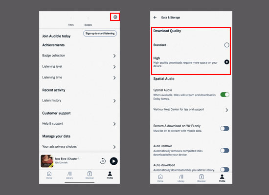 audible download quality setting on android app