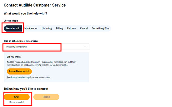 contact audible customer service to pause audible membership