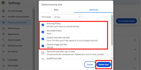 delete browsing data on chrome