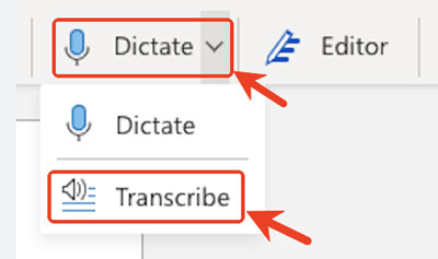 locate transcribe in microsoft word