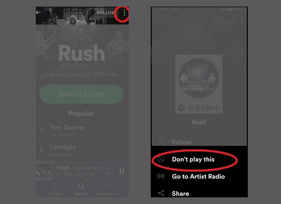 choose dont play this artist in spotify mobile