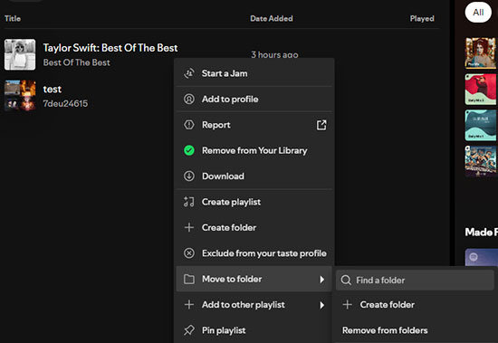 edit menu of spotify playlist folder