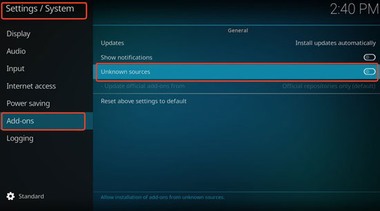 enable unknown sources on kodi to install netflix addon