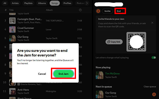 end jam on spotify desktop