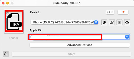 input apple id and select ipa file