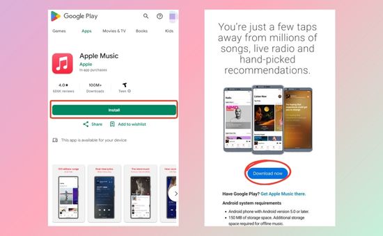 install apple music on android via google play or apple website