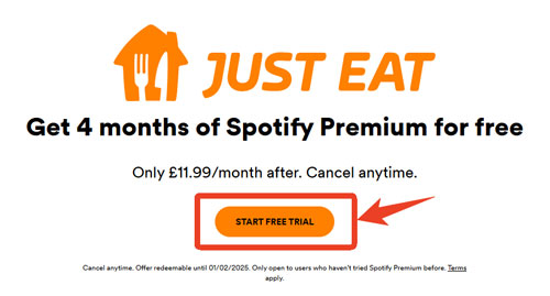 get spotify premium for free 4 months via just eat