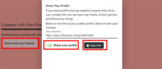 share obscurify profile link with your friends