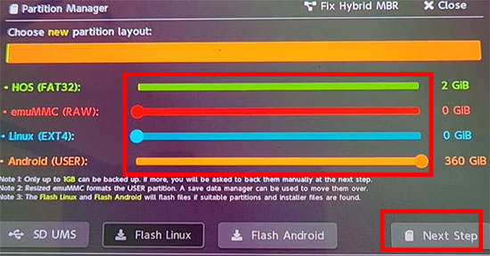 set storage for android system on switch partition manager