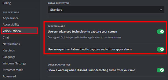 screen share voice settings on discord