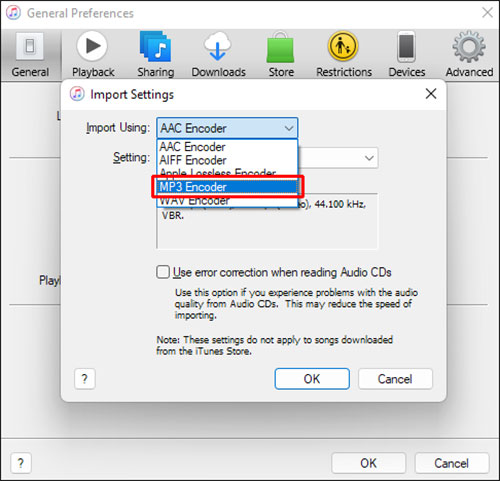 import settings in itunes on windows pc