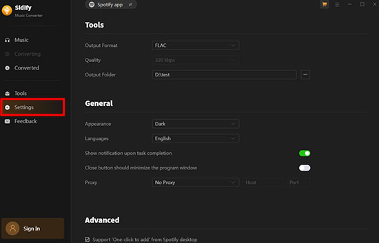 sidify spotify music converter settings on win