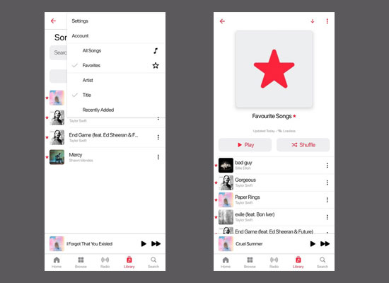 find favorite songs on apple music library and playlist mobile