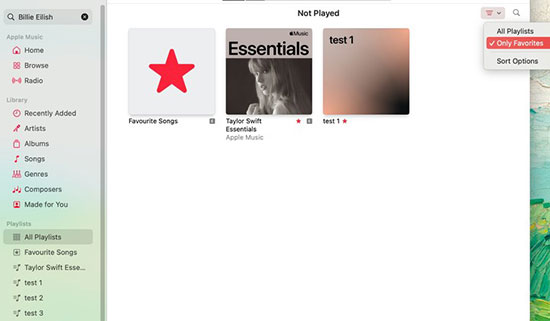 sort only favorites on apple music playlists mac