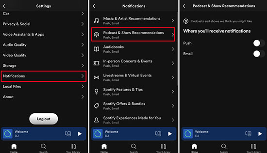 spotify podcast notifications settings on mobile