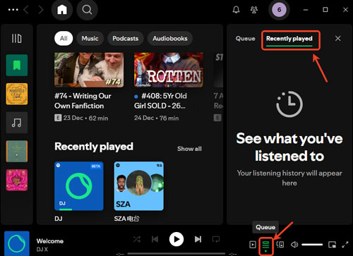 see spotify recently played songs from queue list desktop