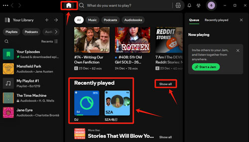 how to find recently played songs on spotify desktop home