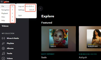 tidal keyboard shortcuts on desktop app