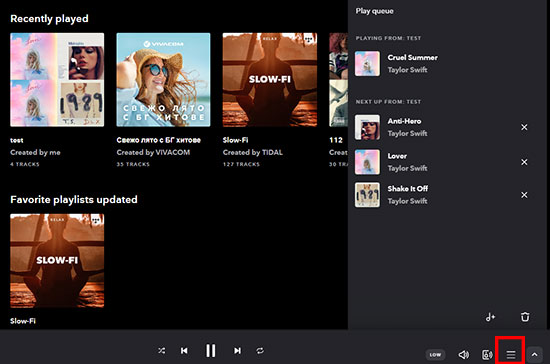 tidal play queue on computer