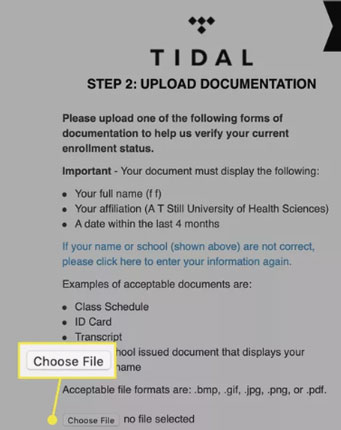 upload document to get tidal student discount