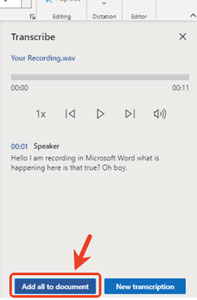 convert audible to text via microsoft word