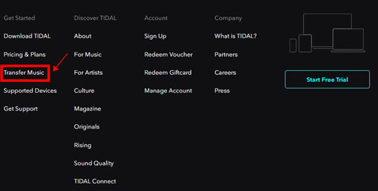 transfer music on tidal webpage