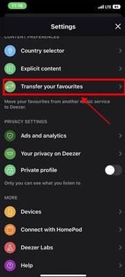 transfer your favorites on deezer mobile app