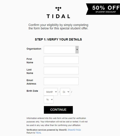 verify personal info for tidal student discount