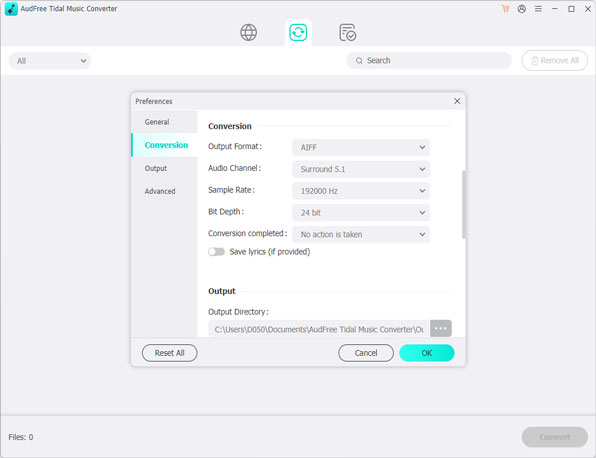 reset tidal output format to aiff